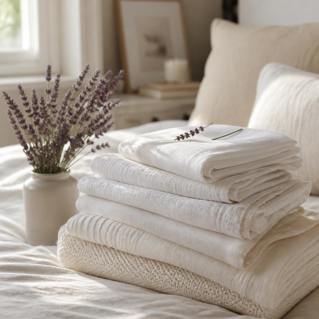 Freshly folded white laundry on a bed beside lavender sprigs